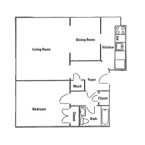 Floor plan for 1 bed, 1 bath, 900 sqft